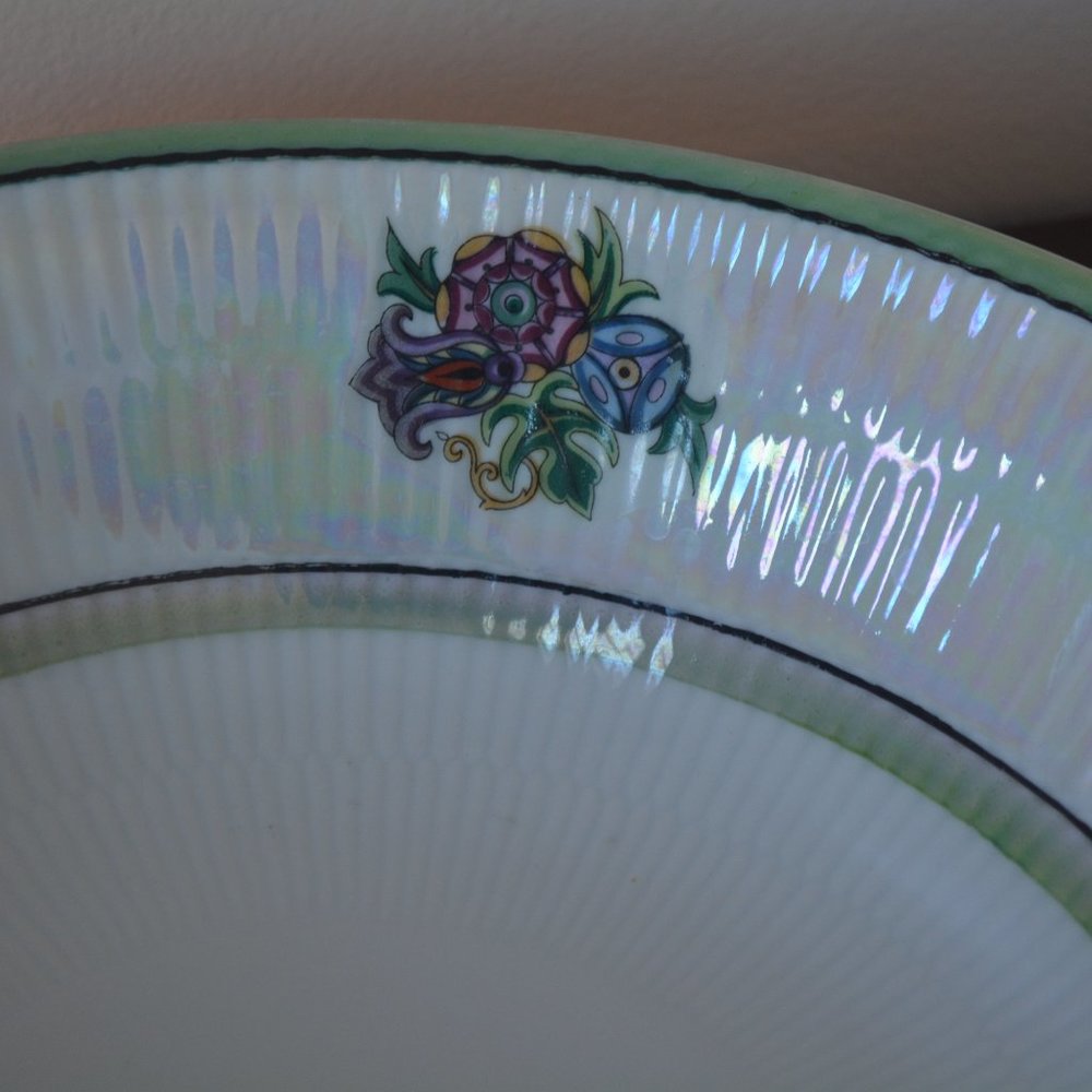 Antique Bavaria Germany LusterWare 9" Serving Bowl Green Floral Flowers Decor - Picture 3 of 9